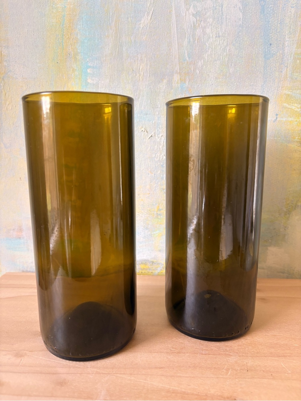 Set of 2 Olive Green Repurposed Wine Bottle Glasses